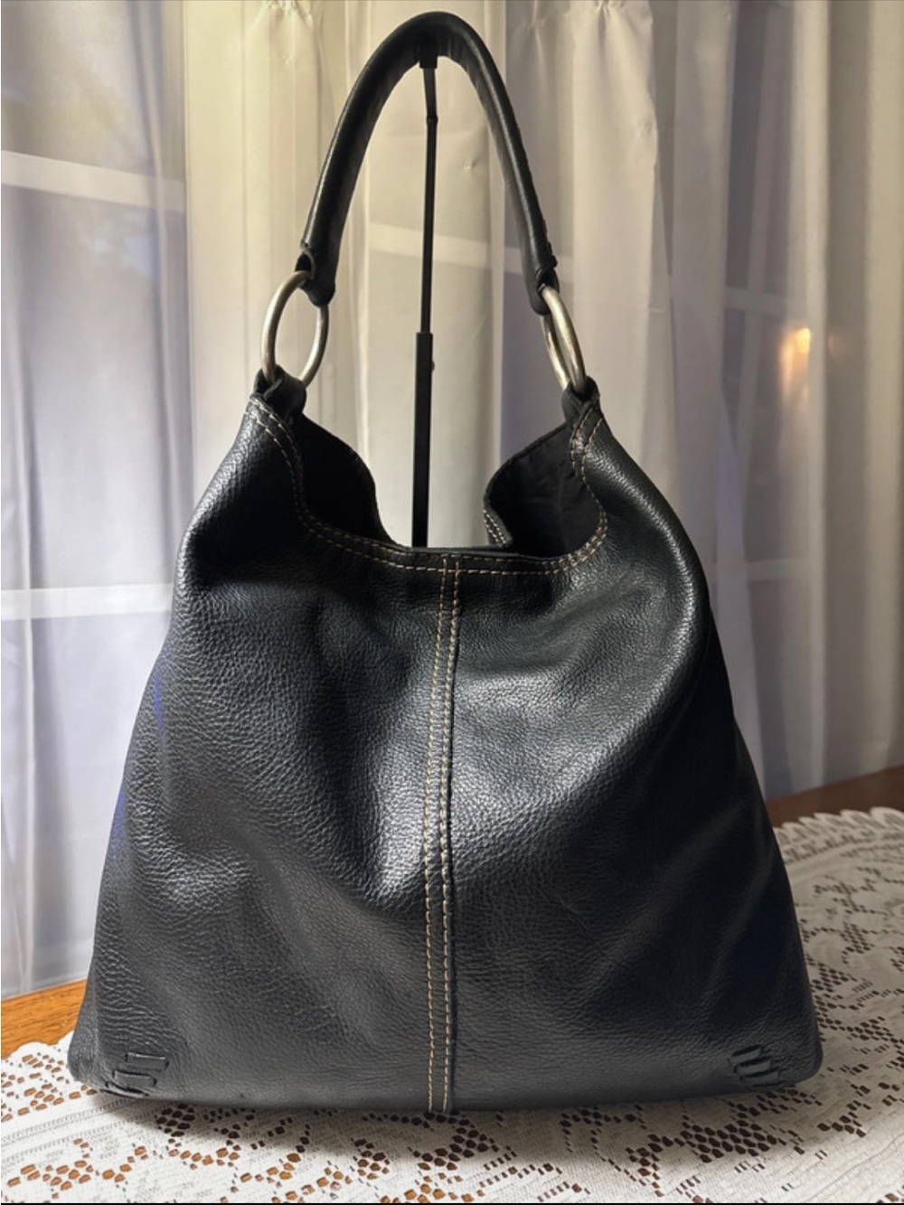 Lucky Brand Black Pebbled Leather Whipstitch Hobo Slouchy Bag - PRISTINE